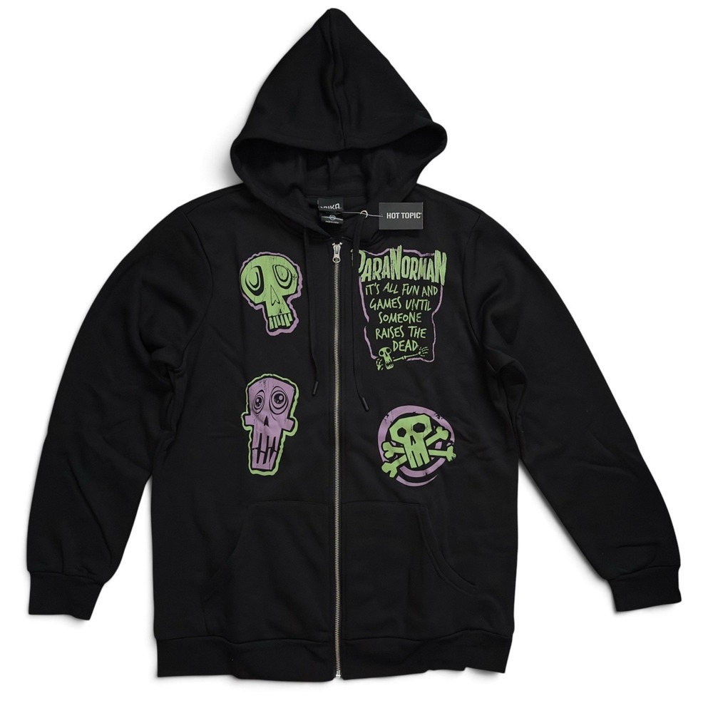 ParaNorman Glow in the Dark Zip Hoodie Zombie Skull Sweatshirt Sweater Mens Sz L